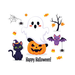 Cute Happy Halloween Spooky Skeleton Pumpkin Trick or Treat Skull and Bat Illustration