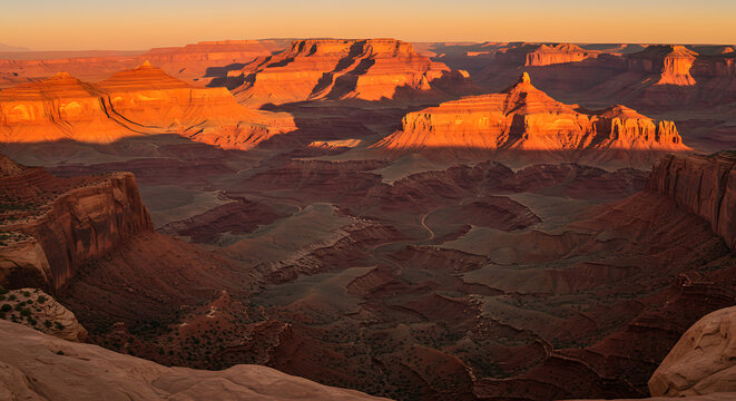A person sits on a cliff edge watching a beautiful sunset over a vast canyon, a moment of peace and contemplation in a majestic desert landscape. - Powered by Adobe