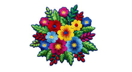 Vibrant embroidered flower bouquet design with a rich palette of colors against a striking black background.