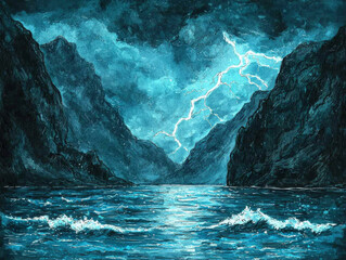 Stormy Fjord: Lightning Strikes Dark Mountains