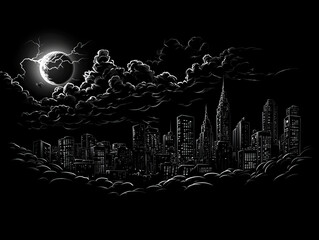 Stormy Night Cityscape:  Electric moon, clouds, and illuminated skyline