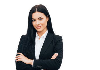 Confident young businesswoman with long dark hair professional portrait studio shot transparent background