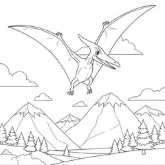 Cartoon Pterodactyl flying through a prehistoric sky. Ancient dinosaur and Jurassic era concept. Flying reptile soaring over a mountain valley coloring page.