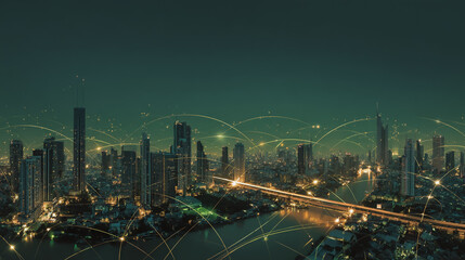 Fototapeta premium Twilight in the Smart digital Innovation city with connection network reciprocity over the cityscape. of future smart wireless digital city and social media networking systems that connects people