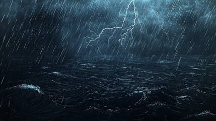 Stormy sea at night, torrential rain, lightning strikes