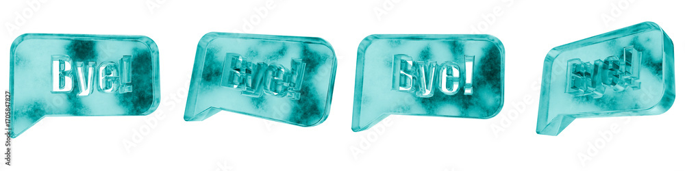 Poster set of four 3d bye message shapes in frosted blue ice glass style, isolated on a transparent backgro