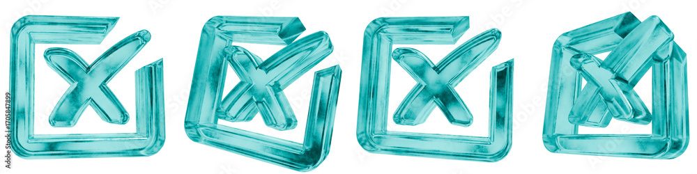 Poster set of four 3d checkbox cross shapes in frosted blue ice glass style, isolated on a transparent back