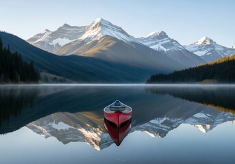 A solitary red canoe floats on a calm, reflective lake with majestic snowcapped mountains and pine trees in the background at sunrise