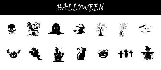 Halloween scary icon silhouettes collection. Spooky elements.