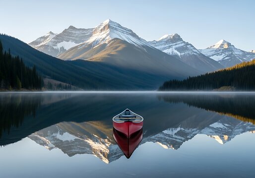 A solitary red canoe floats on a calm, reflective lake with majestic snowcapped mountains and pine trees in the background at sunrise - Powered by Adobe