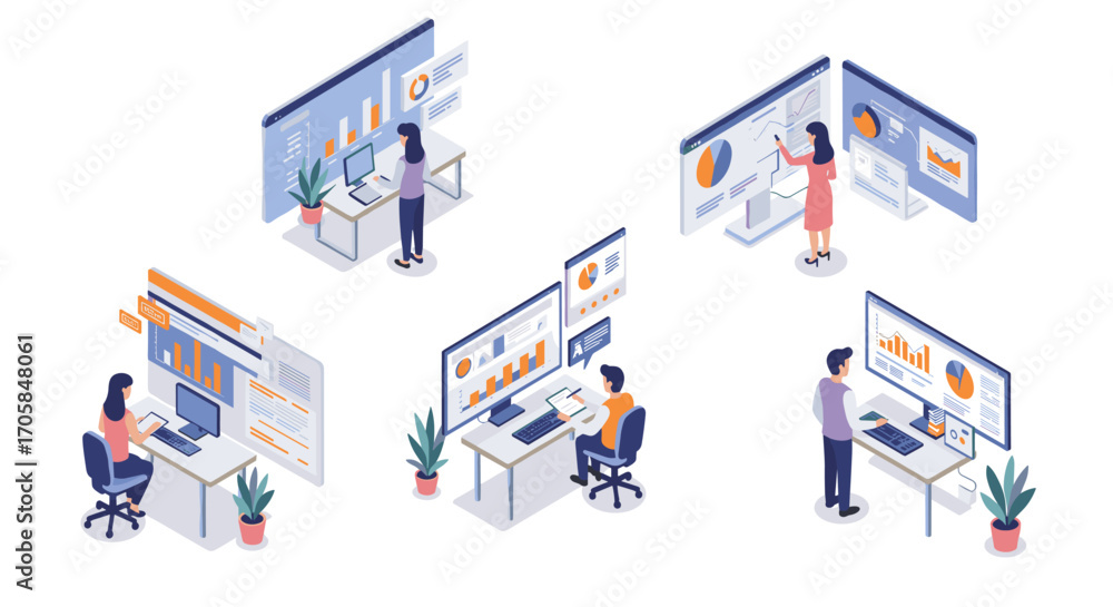 Aufkleber isometric office team analyzing data on screen presentations in modern workspace