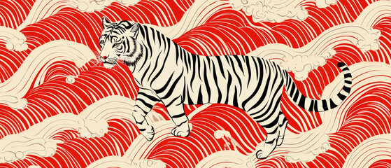 Striped tiger amidst stylized red and cream waves