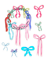 Christmas wreath with bows and a collection of colorful bows. Watercolor-style illustration.