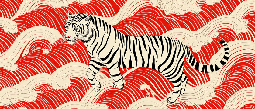 Striped tiger amidst stylized red and cream waves