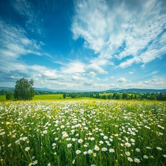 Summer meadow, daisies blooming under a vibrant blue sky