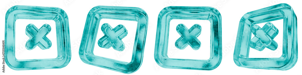 Poster set of four 3d close window shapes in frosted blue ice glass style, isolated on a transparent backgr