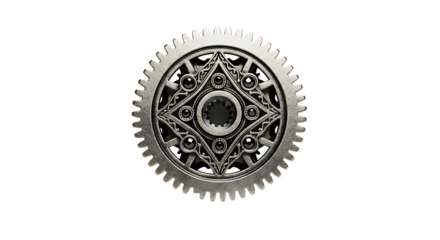 A detailed, ornate gear wheel, set against a stark black backdrop, showcasing intricate patterns and design elements.