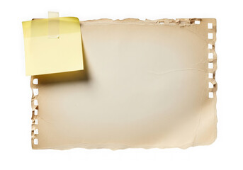 Aged torn cream colored paper with a yellow sticky note attached for notes and reminders transparent background