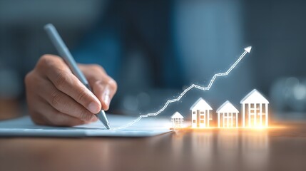 Charting a Course for Growth A hand guides an upward trend symbolizing property value appreciation in a glowing