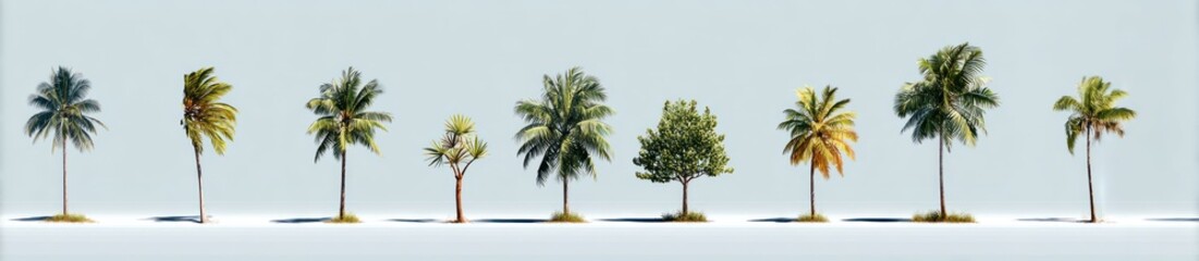 Isolated row of eight diverse trees, various foliage, against a plain background casting shadows. Light neutral color scheme