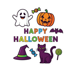 Cute Happy Halloween Spooky Skeleton Pumpkin Trick or Treat Skull and Bat Illustration