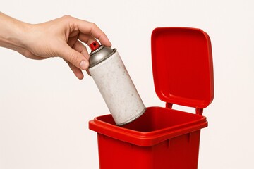 Proper Disposal of Spray Can into Red Recycling Bin for Waste Management Awareness