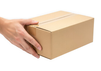 Human hand gently holding closed plain cardboard box shipping and delivery concept transparent background
