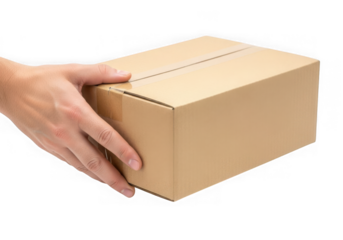 Human hand gently holding closed plain cardboard box shipping and delivery concept transparent background