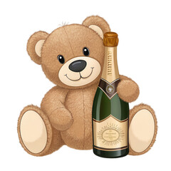 Cute teddy bear with transparent background holding sparkling wine bottle and smiling in cheerful cartoon style