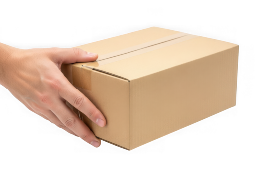 Human hand gently holding closed plain cardboard box shipping and delivery concept transparent background