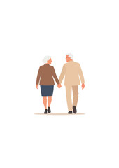 Flat vector silhouette of grandparents walking hand in hand elderly couple