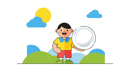 Fototapeta premium Cheerful Boy Holding a Circular Object Against a Landscape Backdrop of Nature