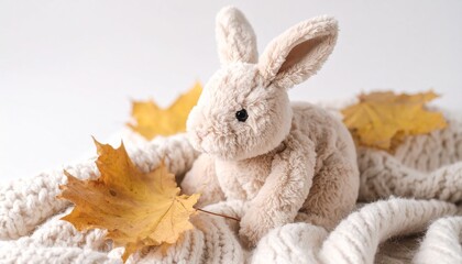 Obraz premium Cute small fluffy plush toy rabbit and autumnal leaves on beige knitted fabric blanket.