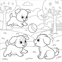 Three cute puppies playing with a ball in the park. Adorable pets and friendship concept. Happy cartoon dogs enjoying outdoor playtime for coloring.