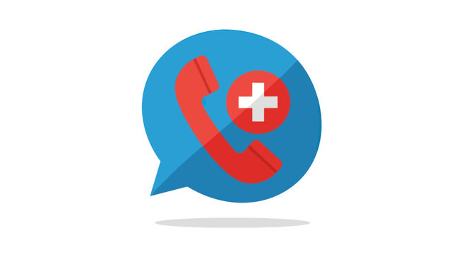 Red emergency phone icon with white cross inside blue speech bubble.
