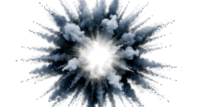 A dramatic explosion of gray and white powder radiates outward from a central point of light, creating a dynamic and eye-catching design against a stark black backdrop.