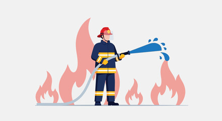 Naklejka premium Brave Firefighter Heroically Extinguishing Flames with Powerful Water Hose for Safety
