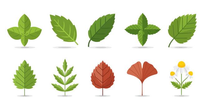 A diverse collection of pixelated vector plant leaves and a flower in various shapes and colors.