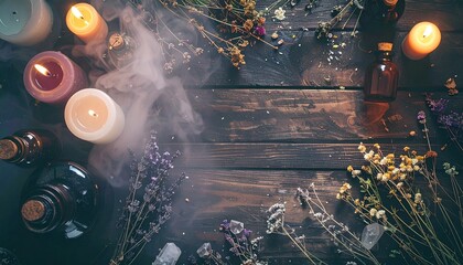 Top-view and slightly angled images of mystical potion-making and spell rituals. Bottles, herbs, dried flowers, crystals, candles, and mystical symbols on rustic or dark surfaces. Fog, shadows, and ca