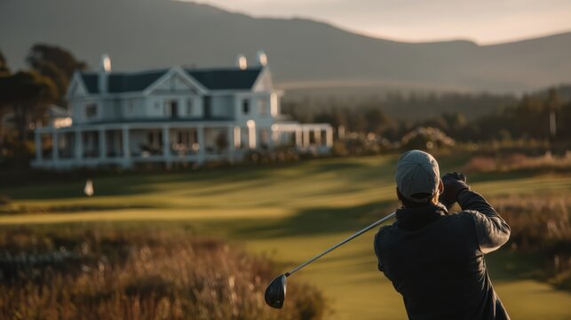 A golfer prepares to swing on a lush green course with a large, elegant house and rolling hills in the background during sunset.