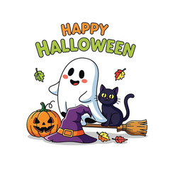 Cute Happy Halloween Spooky Skeleton Pumpkin Trick or Treat Skull and Bat Illustration