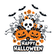 Cute Happy Halloween Spooky Skeleton Pumpkin Trick or Treat Skull and Bat Illustration
