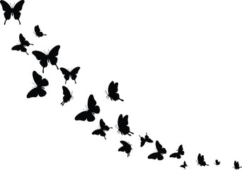 Butterfly silhouettes in diagonal descending line formation, black flying insect vector illustration, isolated decorative butterfly swarm from large to small