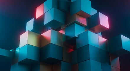 Obraz premium Abstract Cubes Structure with Blue Color and Neon Glow