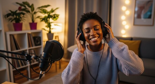 Woman listening music indoors with headphones, smiling and relaxed. Listening music brings joy to everyday life at home, surrounded by plants and warm lights, creating a cozy atmosphere.