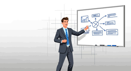 Fototapeta premium Business Professional Presenting Strategic Planning on a Whiteboard Illustrative Graphics