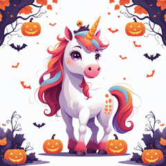 Naklejka premium Colorful unicorn with festive decorations in a whimsical autumn setting filled with pumpkins and bats