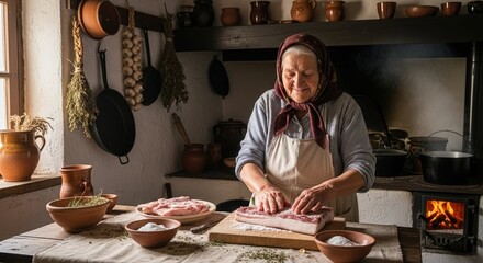 Traditional kitchen scene featuring a peasant woman preparing meat, showcasing heritage. In this traditional kitchen setting,