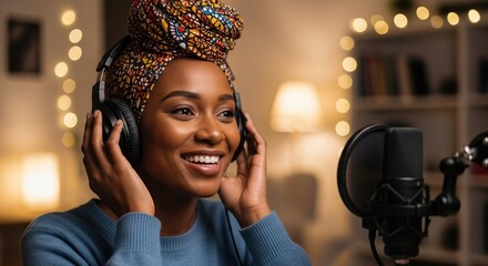 Smiling woman recording podcast at home with microphone and headphones. Portrait captures woman podcast creation, expressing joy and passion for radio broadcasting.