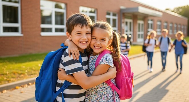 Back to school features two smiling kids with backpacks embracing warmly in front of red brick school building. - Powered by Adobe